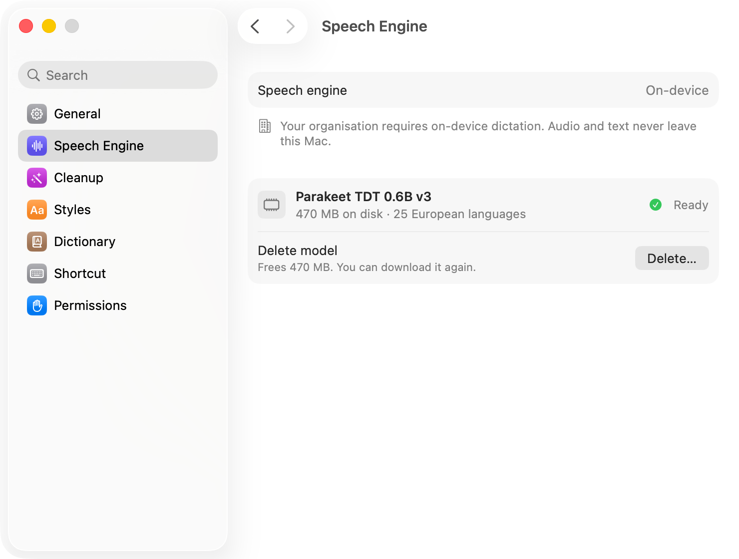 ClearDictate Settings, Speech Engine page on a managed Mac: the engine is fixed to On-device with the note that the organisation requires on-device dictation.